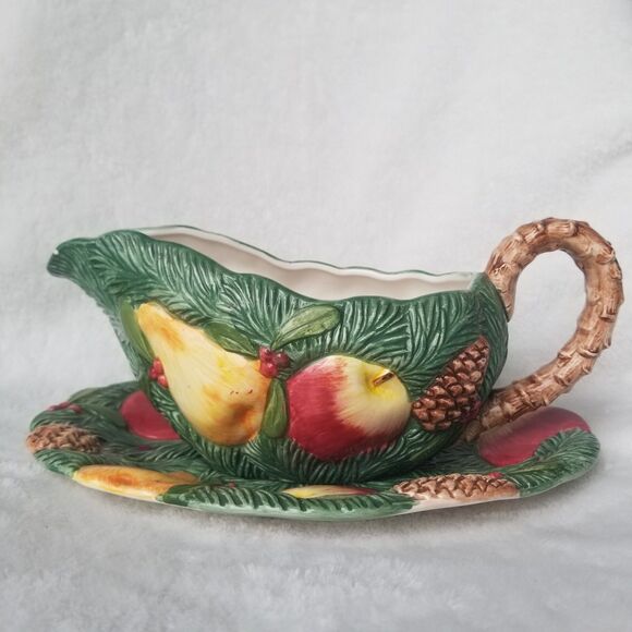Fitz and Floyd Vintage Gravy Boat Underplate Autumn Ceramic Set 1991 Fruit Pine - Picture 1 of 13